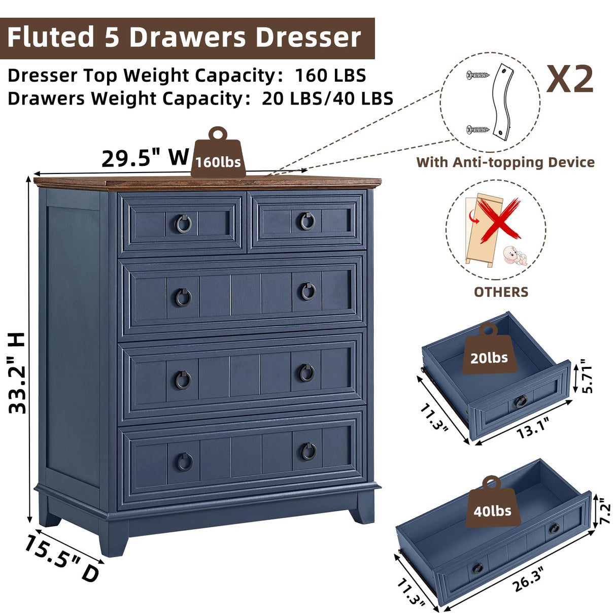 Joaxswe Farmhouse 5 Drawer Dresser for Bedroom, 33.2" Tall Small Dressers & Chest of Drawers, Rustic Wood Dresser with Metal Handle, Storage Organizer Closet for Living Room, Hallway, Entryway Joaxswe