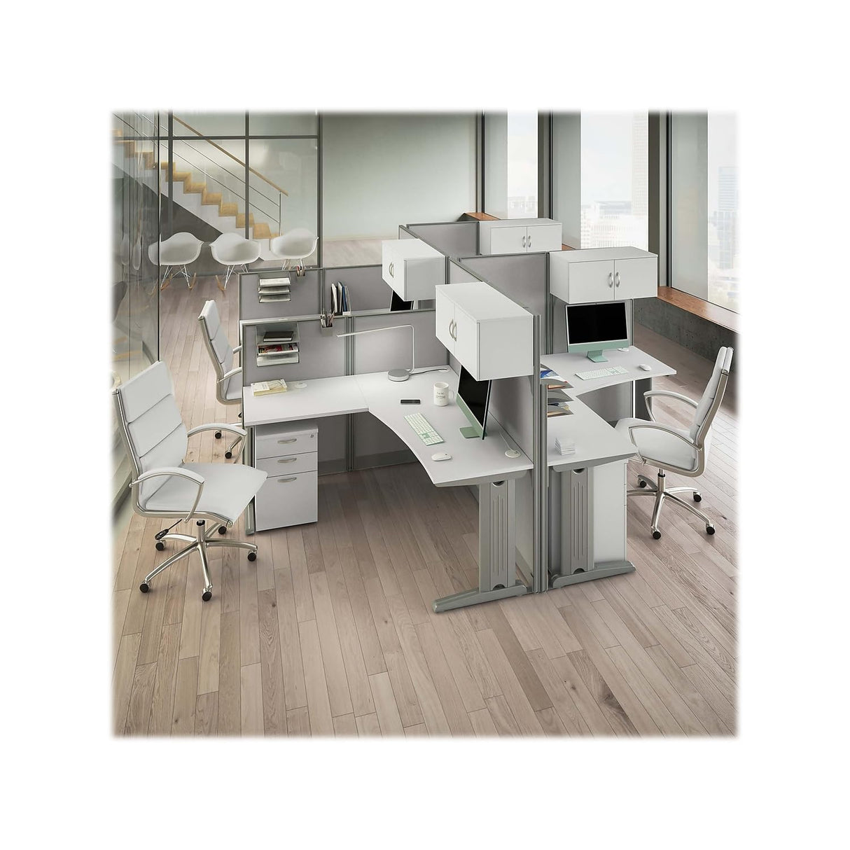 Bush Business Furniture Office in an Hour L Shaped Cubicle Desks with Storage, Drawers, and Organizers | Quad Workstation Set with Privacy Panels for Commercial Workspace, 4 Person, Pure White Bush Business Furniture