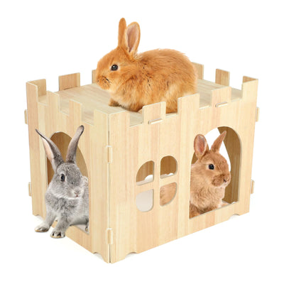 BWOGUE Large Wooden Rabbit House and Hideouts Bunny Castle Detachable Small Animal Play Hideaway Rabbit Hideout Cage Accessories for Indoor Adult Rabbit Guinea Pig Chinchilla Habitat