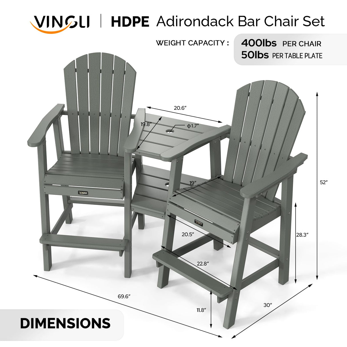 VINGLI Tall Adirondack Chairs Set of 2 with Removable Double Connecting Trays, HDPE Adirondack Bar Stools Poly Deck Chairs, 350LBS Capacity (Grey) VINGLI