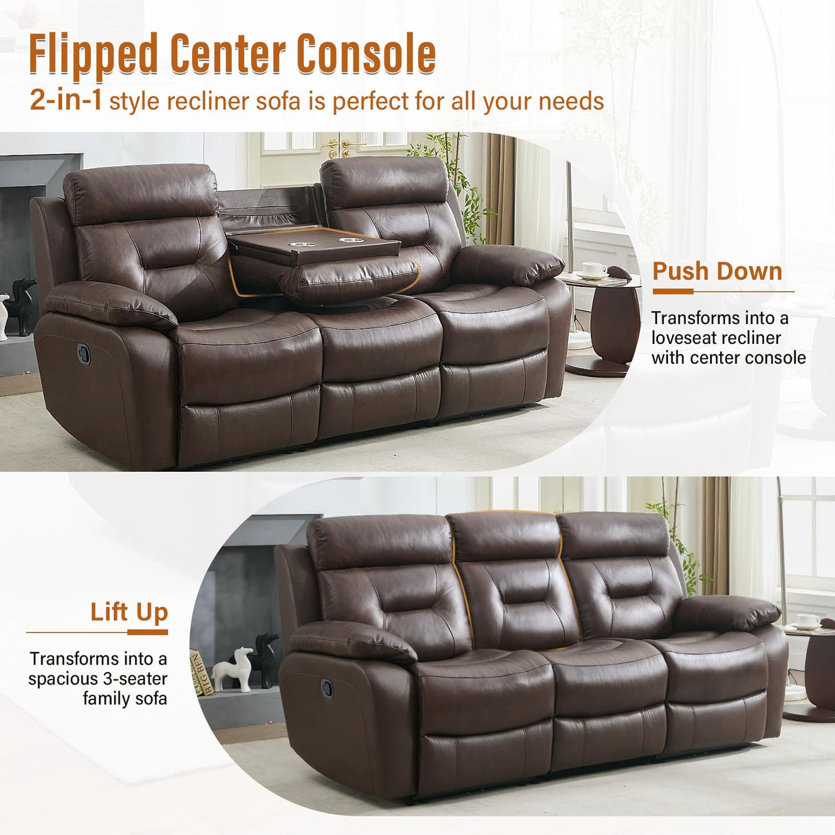 Msutree Genuine Leather Manual Reclining Sofa with Console, Oversized 3 Seater Reclining Chair, Top Grain Leather Recliner Sofa, Modern Couch for Living Room, with Drop-Down Table, Cupholders, Brown Msutree