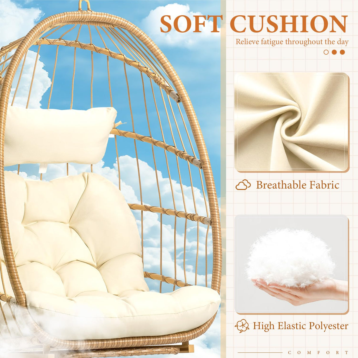 Hanging Egg Chair with Stand and Footrest for Indoor Outdoor - Patio Swing Egg Chairs Wicker Hammock Chair Bedroom, Aluminum Steel Frame and UV Resistant Cushion 370LBS Capacity for Kids Adults, Beige XIAO WEI