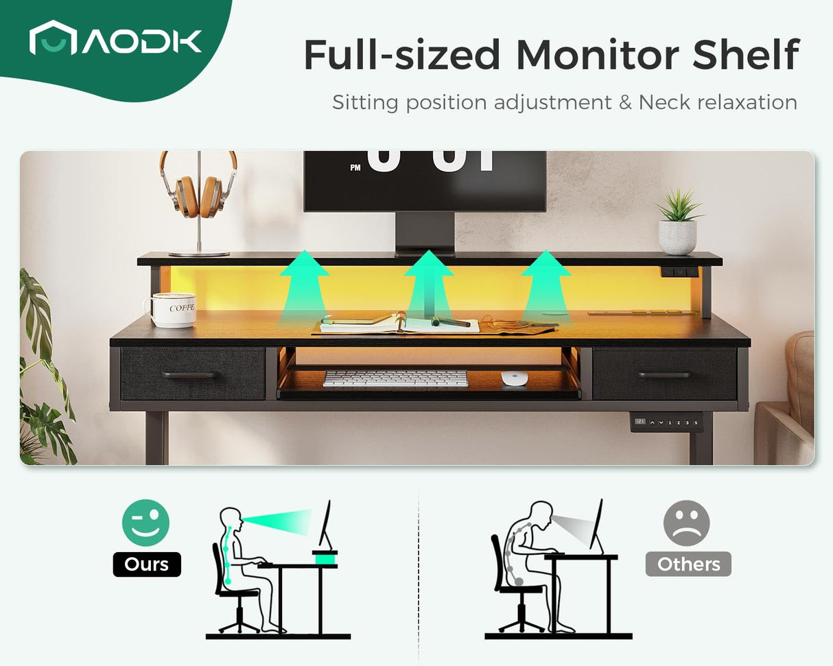 AODK Electric Standing Desk with Drawers & Keyboard Tray, 55 Inch Height Adjustable Desk with Power Outlets & LED Lights, Sit Stand Table with Monitor Stand for Home, Office, Black AODK