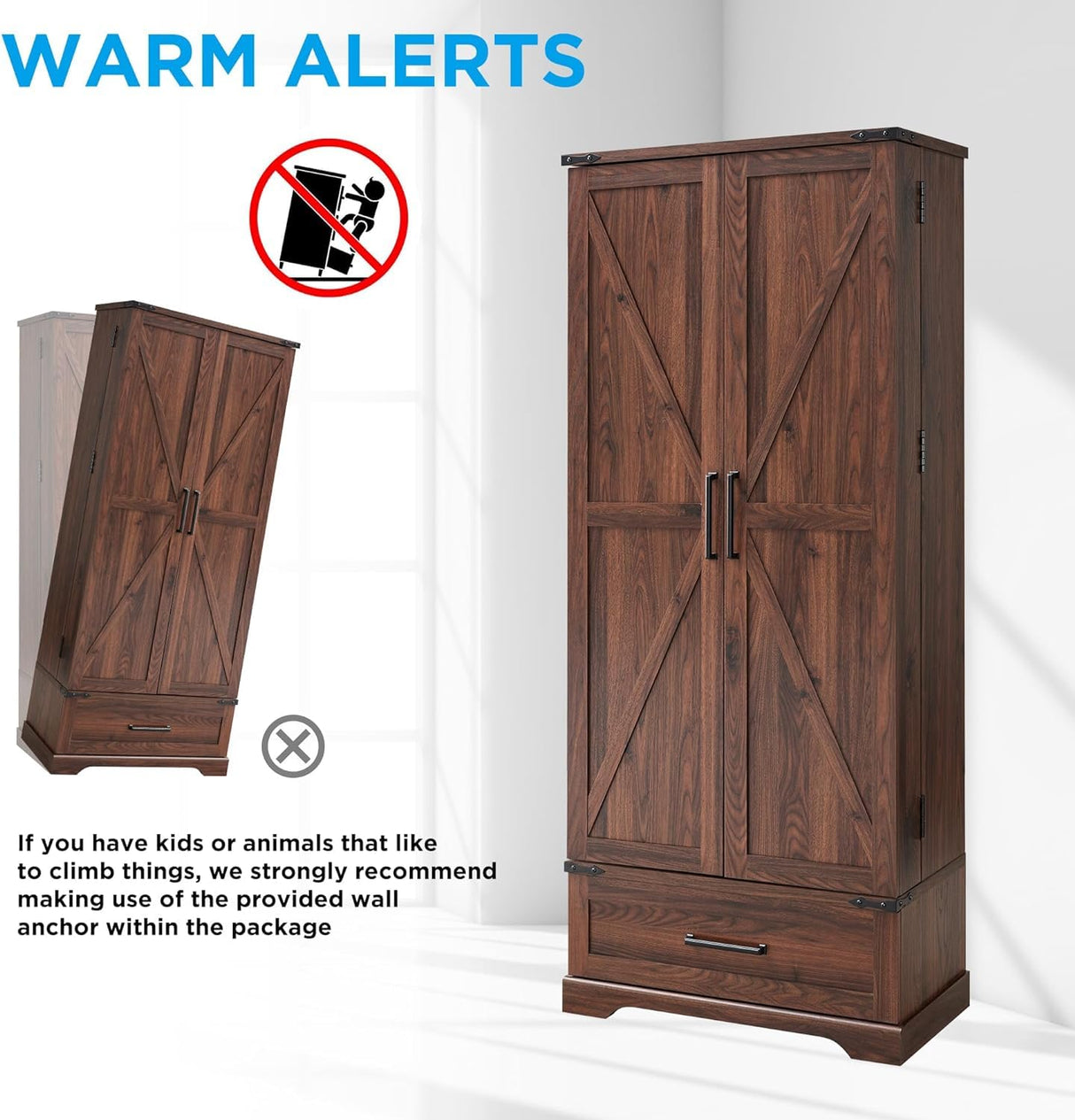 ACCOHOHO 72‘’ Farmhouse Kitchen Pantry Cabinet with Drawer, Tall Storage Cabinet with 2 Barn Doors and Shelves, Versatile Large Rustic Cabinet for Dining Room, Bathroom, Living Room, Laudry, Brown ACCOHOHO