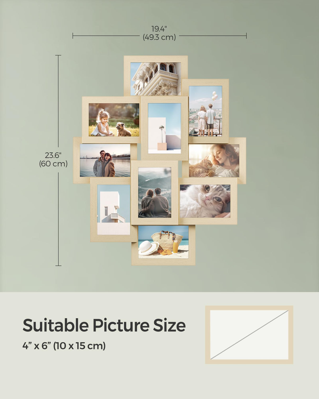 SONGMICS Collage Picture Frames, 4x6 Picture Frames Collage for Wall Decor, 10 Pack Photo Collage Frame for Gallery, Multi Family Picture Frame Set, Glass Front, Assembly Required, Natural Beige SONGMICS