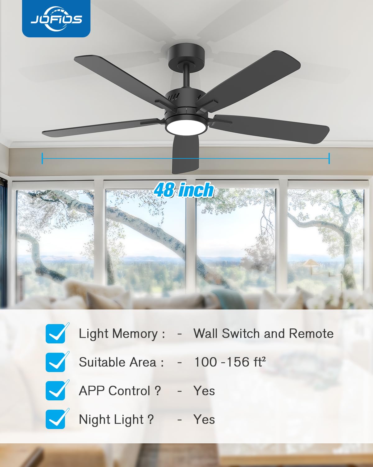 JOFIOS Ceiling Fans with Lights,48 inch Ceiling Fan with Light and Remote,Reversible,3CCT,6-speeds,Dimmable,Noiseless,Black Ceiling Fan for Bedroom, Kitchen,Living Room JOFIOS