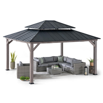 Sunjoy 13 x 15 ft. Wood Gazebo, Outdoor Patio Steel Hardtop Gazebo, Cedar Framed Wooden Gazebo with 2-tier Metal Roof, Suitable for Patios, Lawn and Backyard, Matte Black Roof + Gray Wood Frame