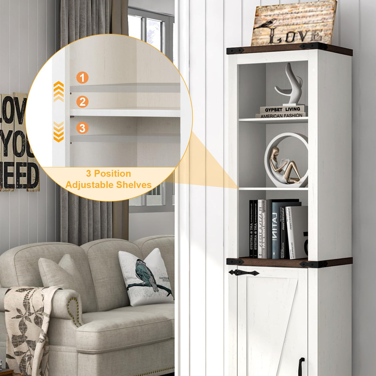 Hlivelood 68" Tall Farmhouse Bathroom Storage Cabinet, 5-Shelf Storage Cabinet with Barn Door&Adjustable Shelves, Linen Tower Cabinet with Storage for Bathroom, Kitchen, Living Room, Rustic White Hlivelood