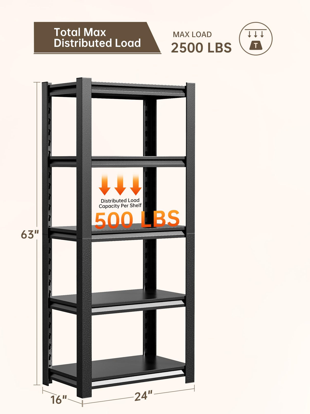 JHYKHG 63" H Storage Shelves,5-Tier Heavy Duty Garage Shelving,Adjustable Shelving Unit,Metal Shelf,Boltless Assembly Rack for Warehouse,Shed,2,500 lb Load,16 x 24 x 63 Inches,Black JHYKFG