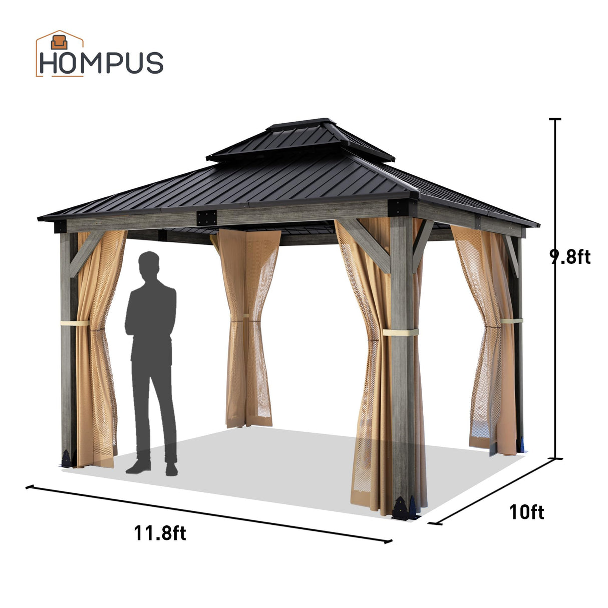 HOMPUS 10x12 FT Hardtop Wood Gazebo, Cedar Wood Frame Gazebo with Double Metal Roof, Outdoor Gazebo with Netting & Curtains, Wooden Gazebos Pavilion for Backyard, Garden, Deck, Gray HOMPUS