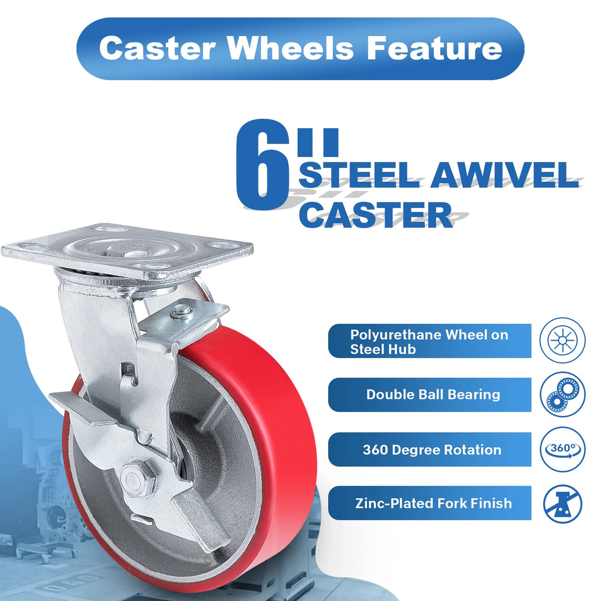 Nefish 6 Inch Industrial Casters Set of 4 Heavy Duty No Noise Polyurethane Wheel on Steel Hub, Workbench Casters with Brakes 4800 Lbs, Plate Swivel Casters for Toolbox Workbench (4 Swivel & Brakes) Nefish