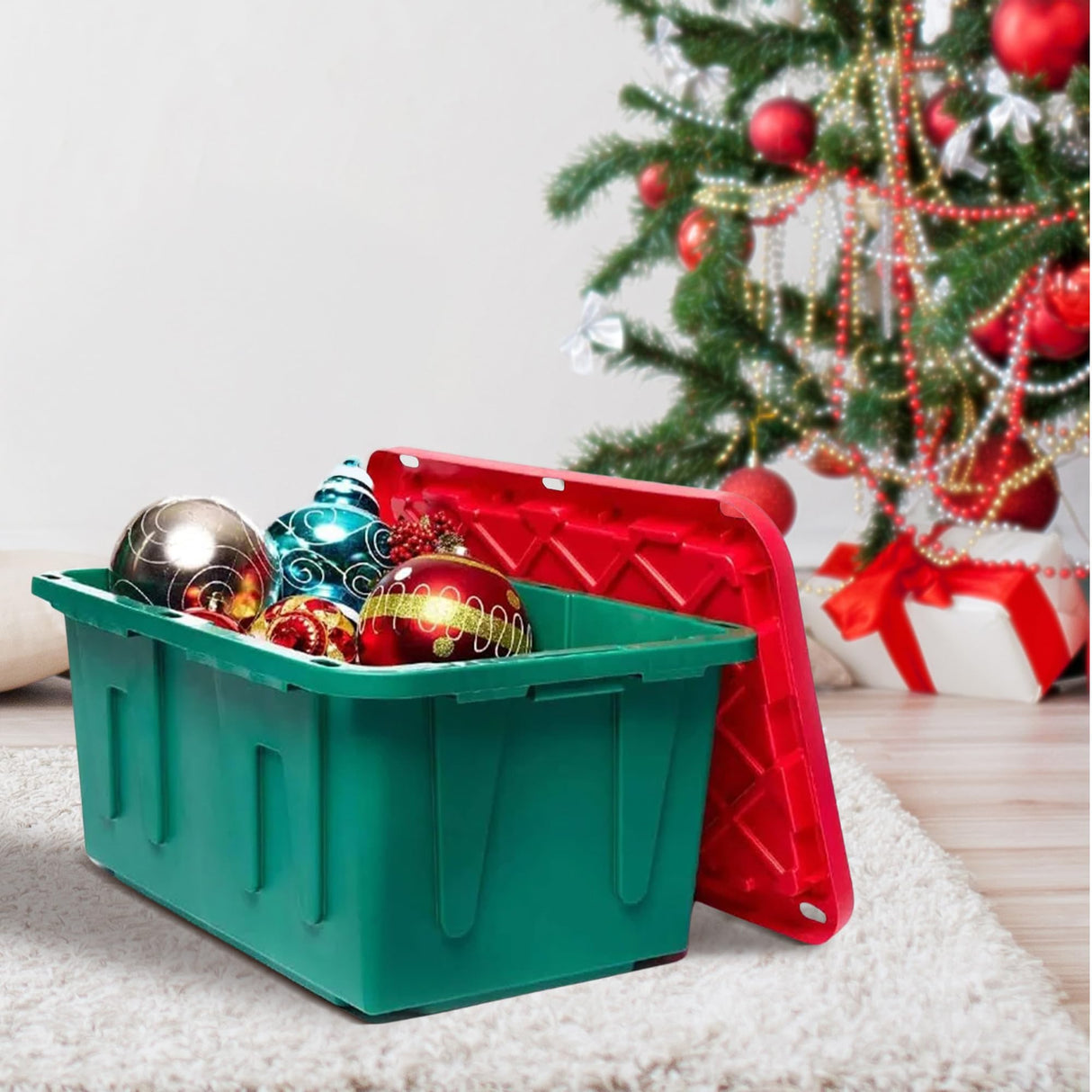 HOMZ 2-Pack Durabilt, Heavy Duty Plastic Storage Bins with Lids, 27 Gallon, Green/Red - Stackable Container Boxes for Holiday, Attic, and Garage Organization HOMZ