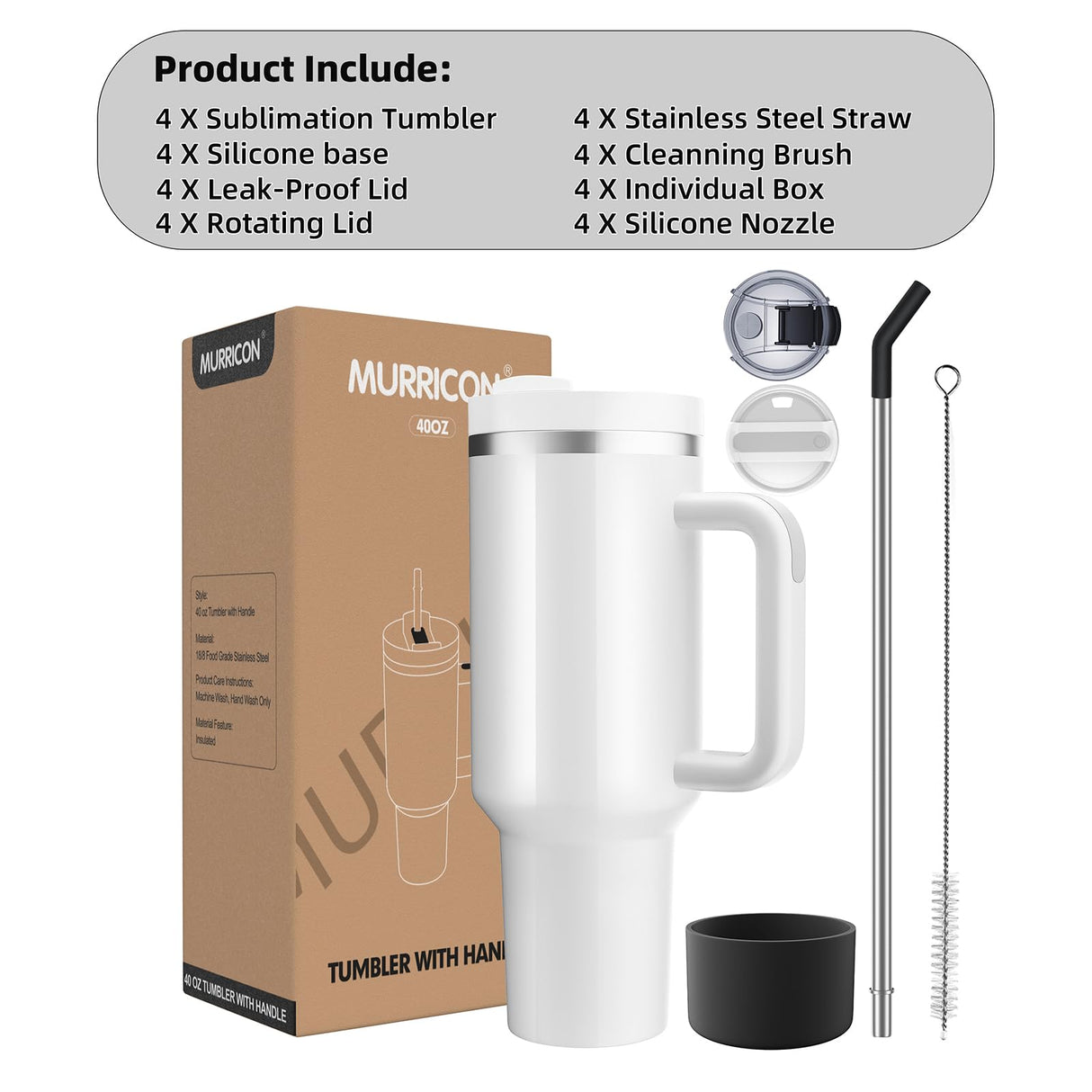 MURRICON 40 oz Tumbler with Handle and Straw,Stainless Steel Sublimation Tumblers with Handle,Vacuum Insulated Travel Mug with Lid,for Coffee and Beverages,4 Pack MURRICON