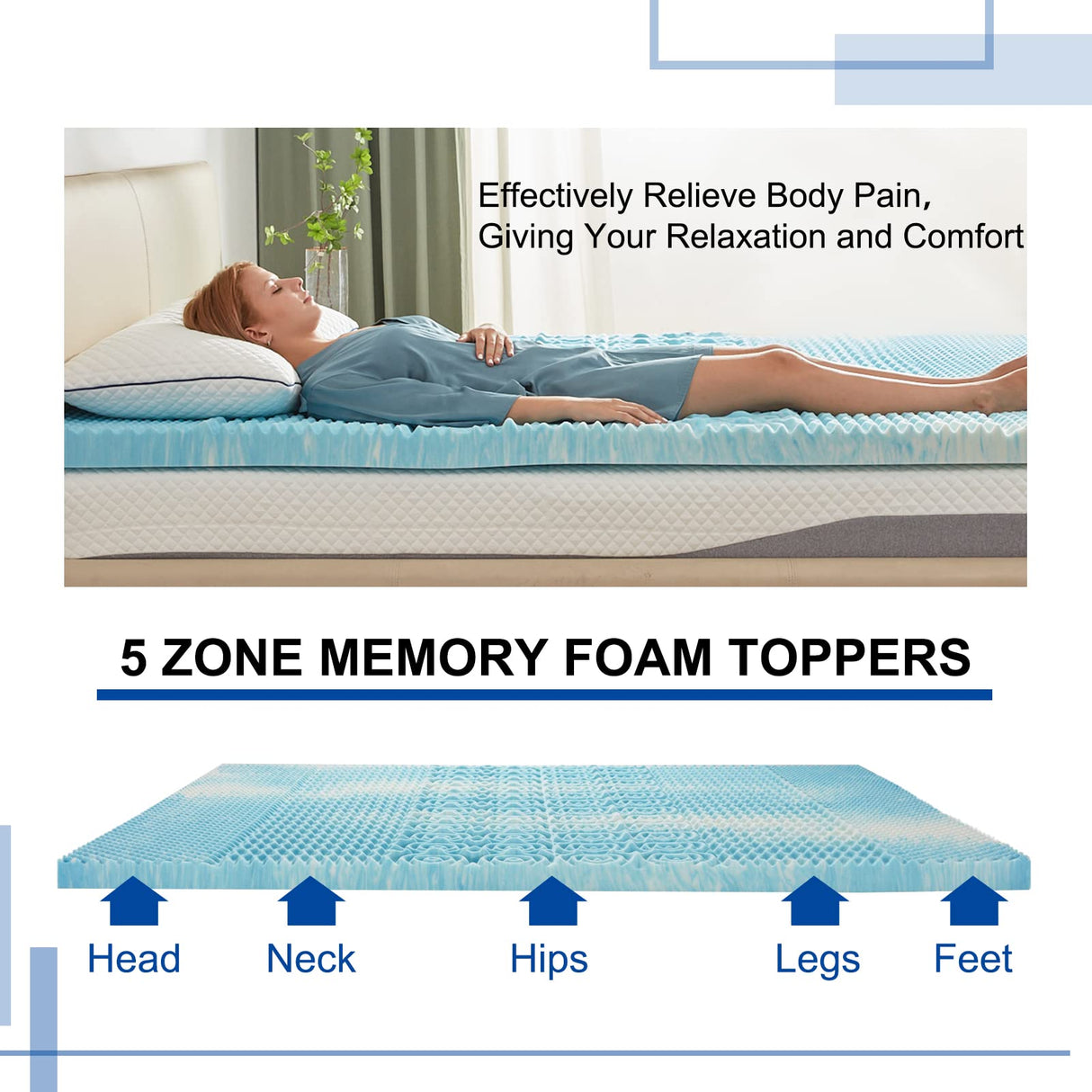 SINWEEK 2 Inch Mattress Topper 5-Zone Memory Foam Mattress Topper Pressure Relieve Soft Mattress Pad, CertiPUR-US Certified, Twin Size Blue SINWEEK