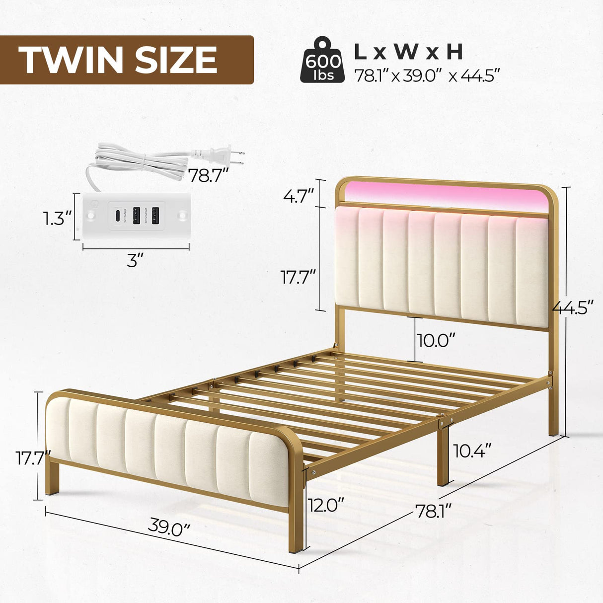 Rolanstar Twin Size Bed Frame with LED Light and Charging Station, Upholstered Headboard and Footboard, Metal Slat, Noise Free, Easy Assembly, Golden Rolanstar