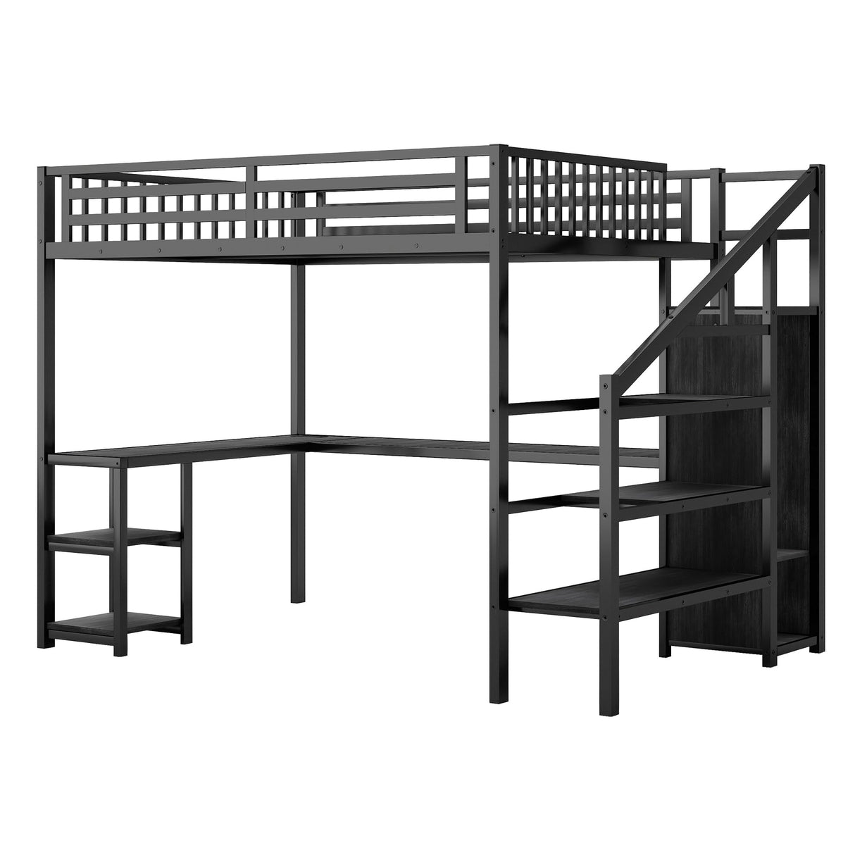 KEIKI Queen Size Loft Bed with L-Shaped Desk,Charging Station,Wardrobe & LED Light,Heavy Duty Metal Bed Frame w/Guard & Ladder for Teens Adults,No Box Spring Needed,Black KEIKI