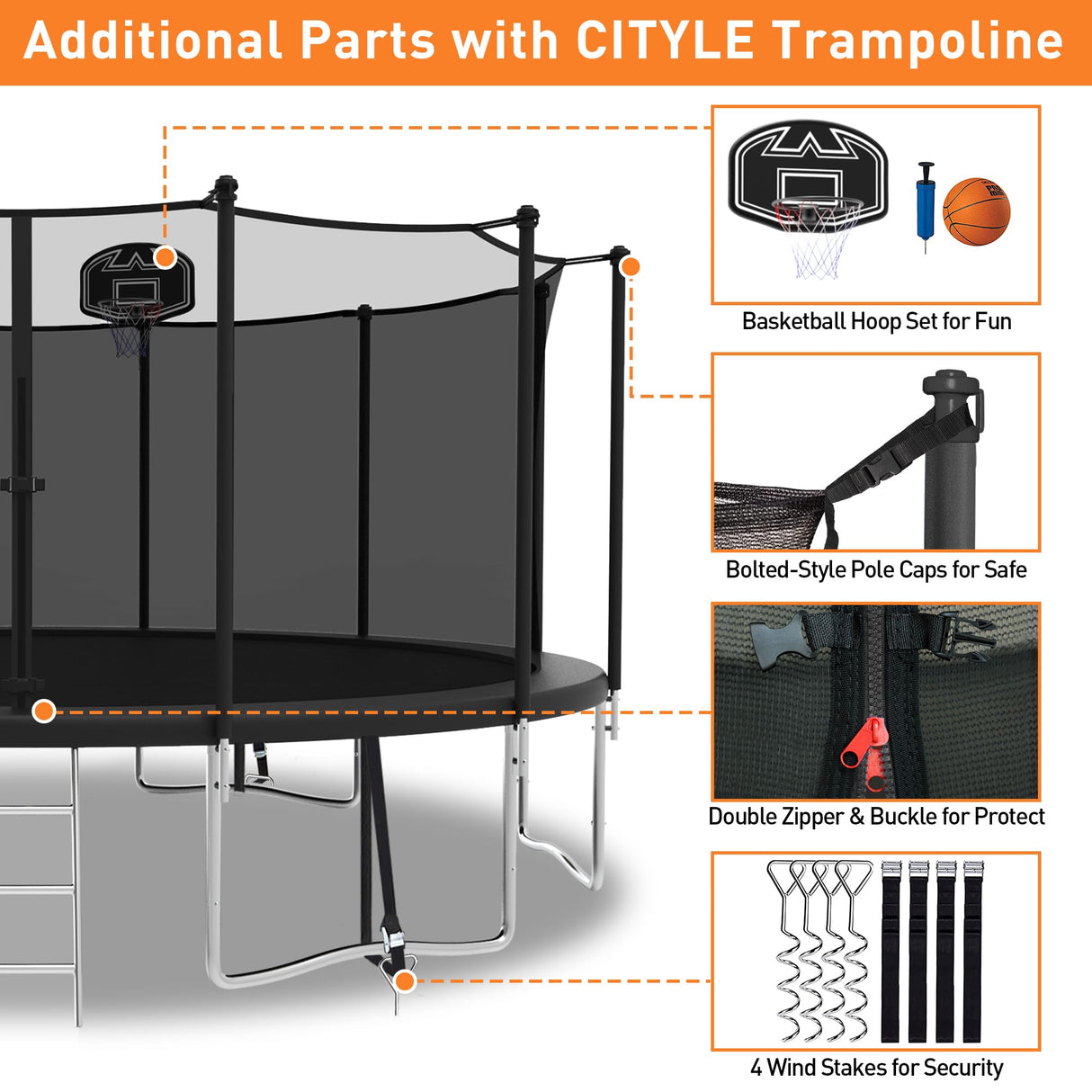 CITYLE 1500LBS 16FT Tranpoline for Kids and Adults Tranpoline with 6 Wind Stakes, Safety Enclosure Net, Basketball Hoop, Ball and Ladder, Heavy Duty Outdoor Recreational Tranpolines, Black CITYLE
