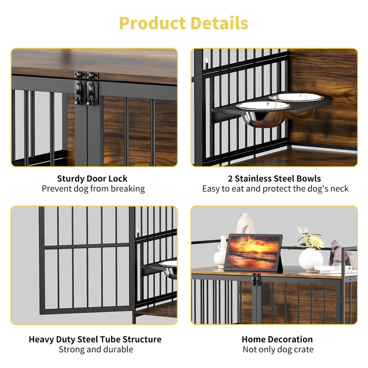 ROOMTEC Dog Crate Furniture-Style Cages for Large Dogs Indoor Heavy Duty Super Sturdy Dog Kennels with 2 Stainless Steel Bowls (48Inch = Int.dims: 46" W x 29" D x 35.5" H) ROOMTEC