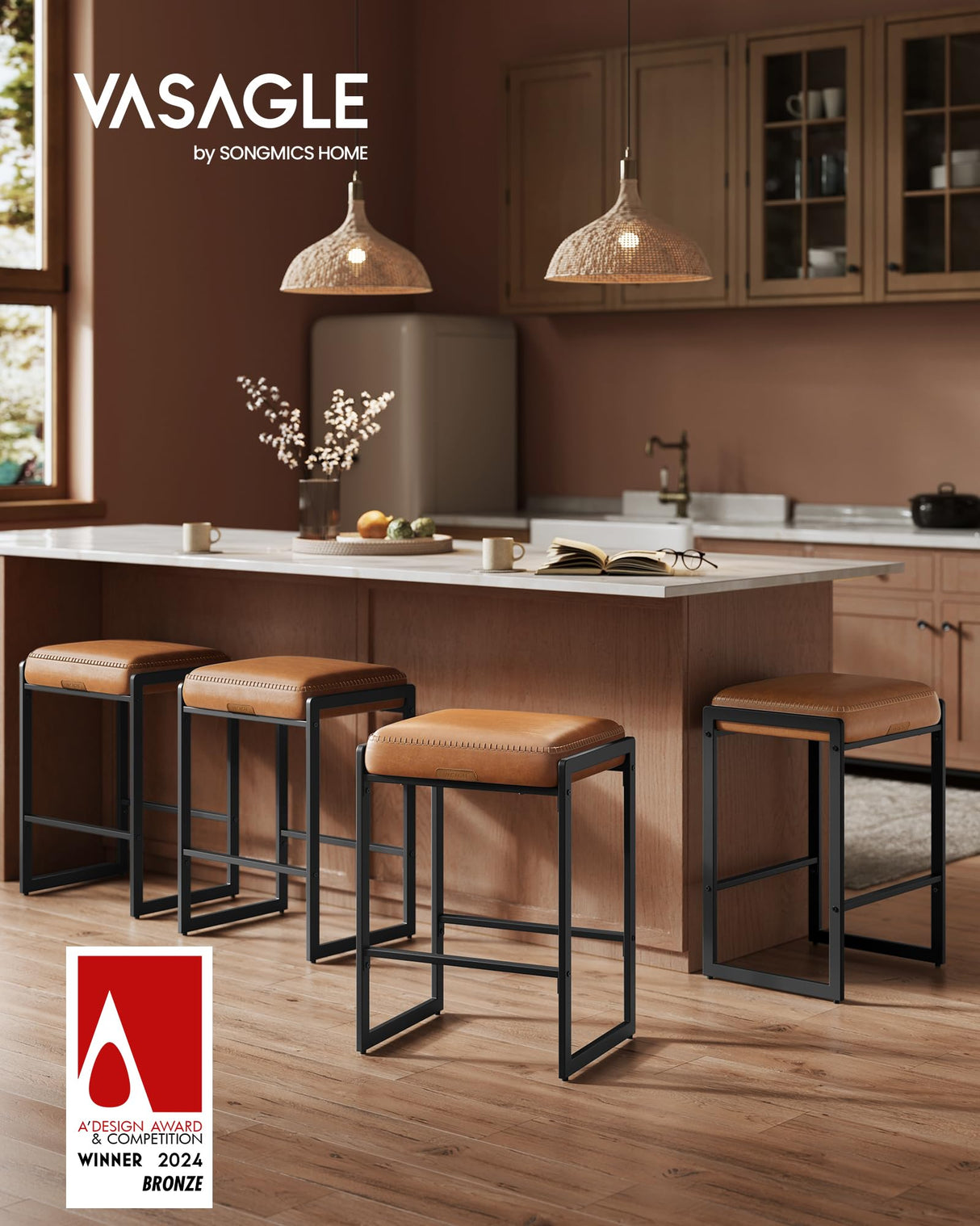 VASAGLE EKHO Collection - Bar Stools Set of 2, Counter Height Bar Stools, Synthetic Leather with Stitching, Mid-Century Modern Counter Stools, 26-Inch Tall, Kichen Home Bar Dining Room, Caramel Brown VASAGLE