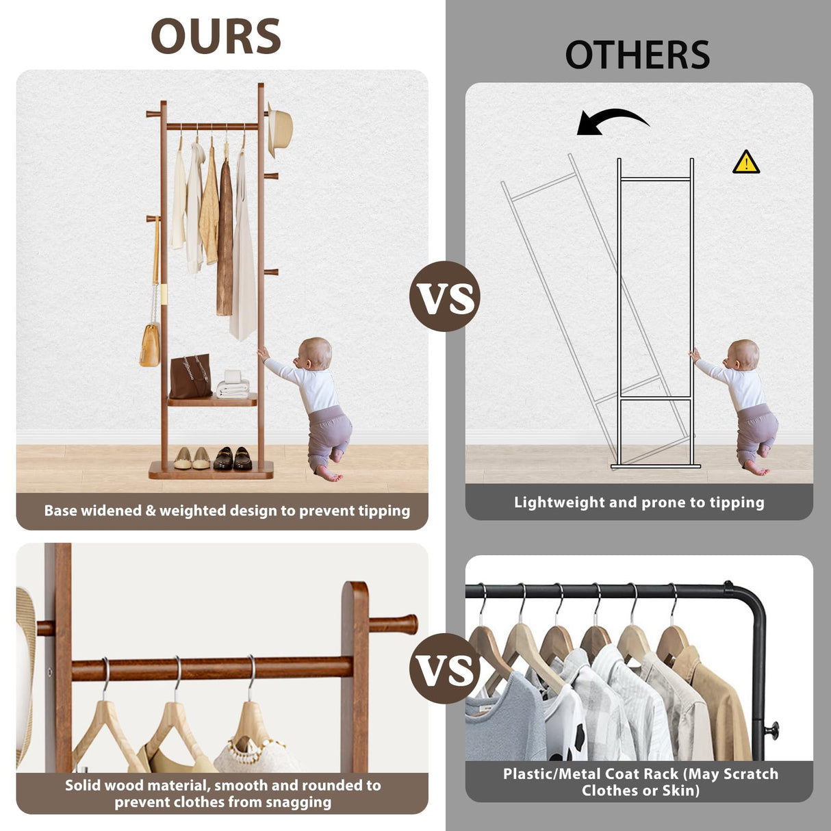 Taitiy Solid Wood Coat Rack Clothes Rack, Coat Rack Freestanding with 2 Shelves and 5 Hooks, Heavy Duty Coat Tree for Entryway, Living room, Coat Hanger Stand for Hats, Bags Clothes(Walnut Brown) Taitiy