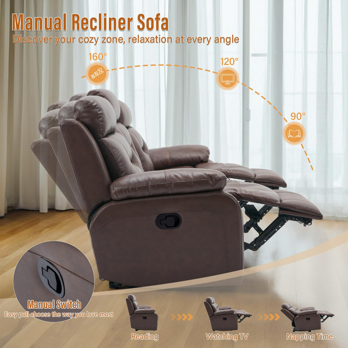 Msutree Genuine Leather Manual Reclining Sofa with Console, Oversized 3 Seater Reclining Chair, Top Grain Leather Recliner Sofa, Modern Couch for Living Room, with Drop-Down Table, Cupholders, Brown Msutree