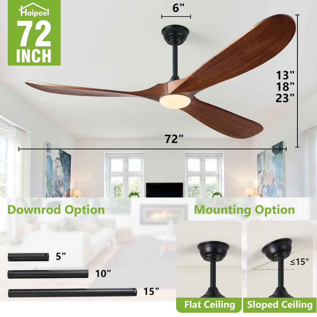 Haipeel 72 Inch Ceiling Fans with Lights, Wood Outdoor Ceiling Fan with Light and Remote Control Propeller Modern Large Ceiling Fans for Patios Gazebo Farmhouse Indoor Quiet High cfm ETL, Dark Walnut Haipeel