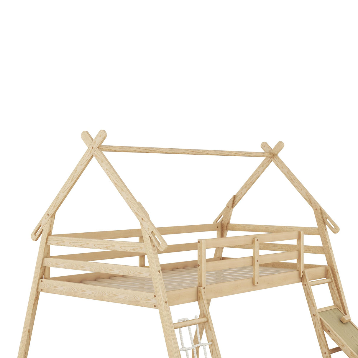 Merax Twin Over Queen Solid Wood Bunk Bed with Climbing Ramp and Nets for Kids and Teens - Natural Finish Merax