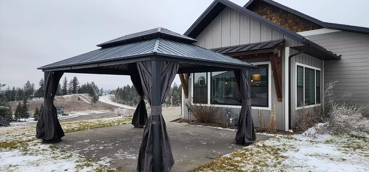 Domi 12’ X 16’ Hardtop Gazebo Canopy with Netting & Curtains, Outdoor Aluminum Gazebo with Galvanized Steel Double Roof for Patio Lawn and Garden, Gray domi outdoor living