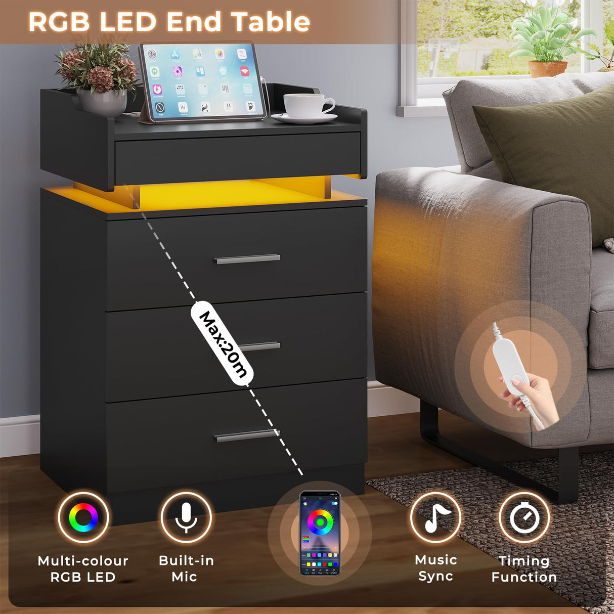 HAUOMS Black Nightstand Set of 2,LED Night Stand with Charging Station & Pull-Out Tray,Bedside Table with Drawers,Modern End Table Side Table Storage Cabniet HAUOMS