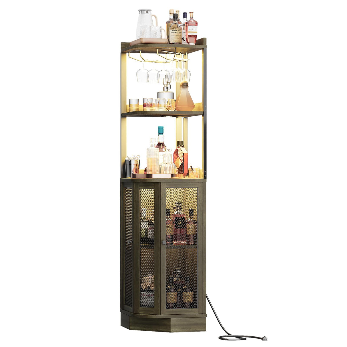 EOYUTLLY Corner Bar Cabinet with Power Outlet and LED Strip, 5-Tier Corner Liquor Wine Display Cabinet for Home, Storage Solution, for Living Room, Kitchen, Home, Gray EOYUTLLY