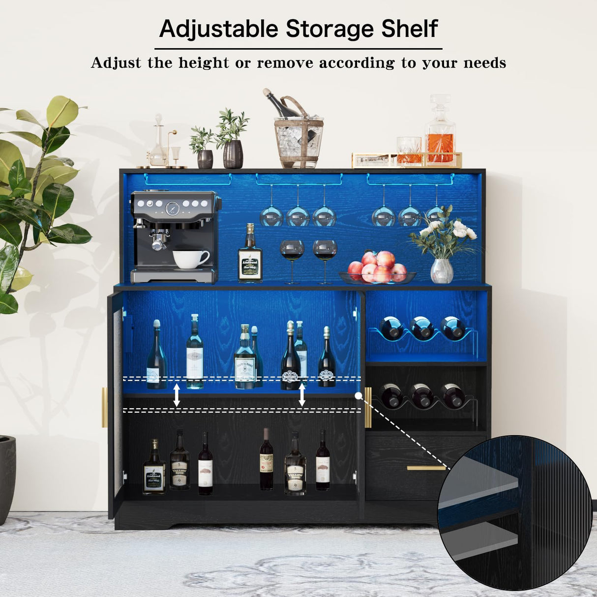 Wine Bar Cabinet with LED Light, Liquor Cabinet Bar for Home with Wine and Glass Rack, Modern Kitchen Coffee Bar Cabinet with Storage, Buffet Sideboard with Drawers for Living Dining Room, Black amzzar