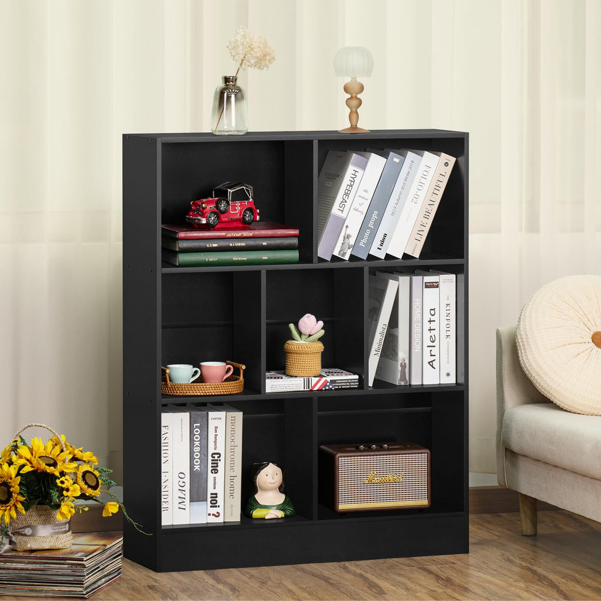 YAHARBO 7 Cube Black Wooden Bookshelf - 3 Tier Modern Organiser for Home and Office YAHARBO