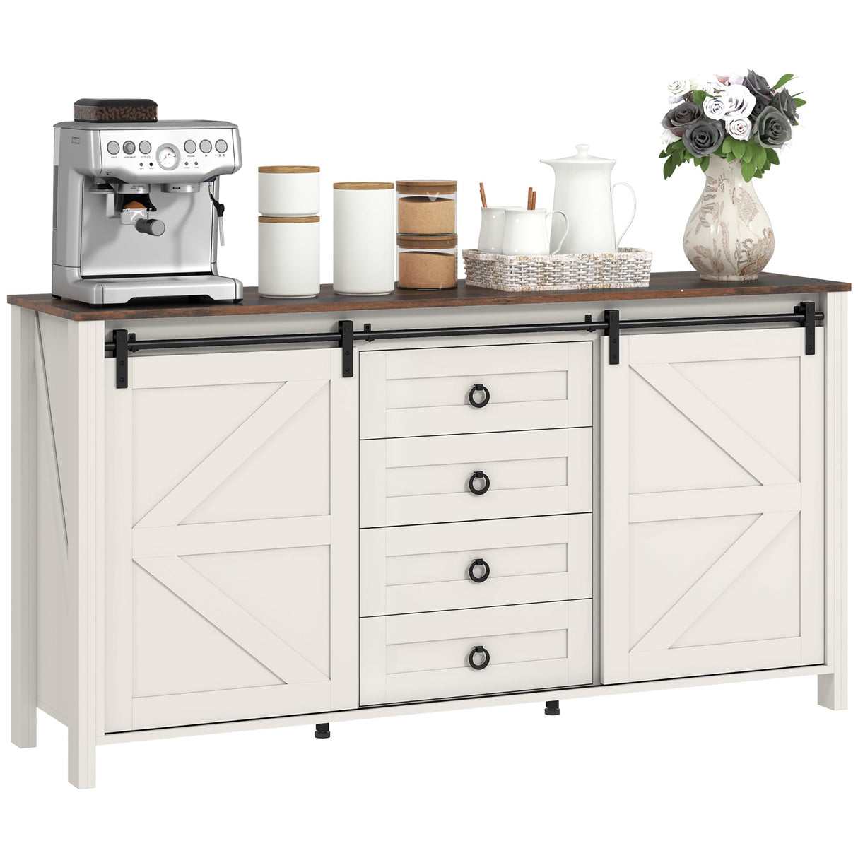 HOMCOM 60" Farmhouse Sideboard Buffet Cabinet with Storage, Kitchen Cabinet with 2 Sliding Barn Doors, 4 Deep Drawers and 2 Adjustable Shelves, Coffee Bar Cabinet, Distressed Cream White HOMCOM