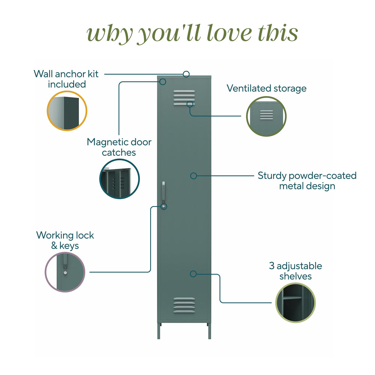 Novogratz Cache 1-Door Tall Single Metal Locker Style Storage Cabinet, Hunter Green Novogratz