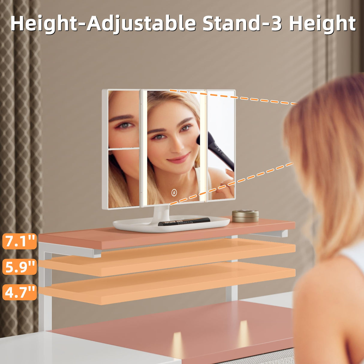 HIGDBFE Makeup Vanity Desk with Mirror and Lights, Small Vanity Table with Height-Adjustable Stand, 3 Fabric Drawers Vanity Desk for Girls Gifts, Bedroom and Small Spaces, 27.5'', White&Pink HIGDBFE