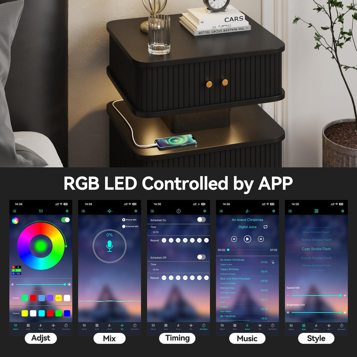 Night Stand, LED Nightstand, Bedroom Night Stand with Charging Station, 2 Drawer Nightstand, Modern Nightstands with Curvy Edge and Sliding Door, Small Bedside Table for Bedroom, Black AKMAKM