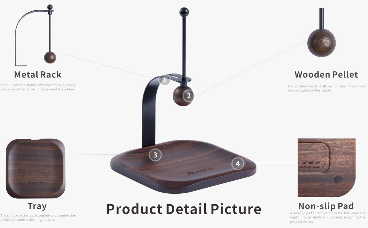 Walnut Napkin Holder for Table Wood Square Napkin Dispenser with Metal Cocktail Napkin Holder, Suitable for Kitchen, Restaurant, Bar, Office, Parties, Home Décor (South American black walnut Wood) celestree