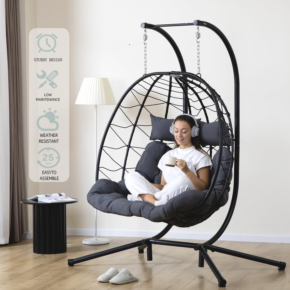 Easyego Double Egg Chair with Stand Hammock Swing Chair 2 Person Outdoor Indoor Hanging Loveseat with UV Resistant Removable Cushion for Patio Living Room-660LBS Capacity, Grey Easyego