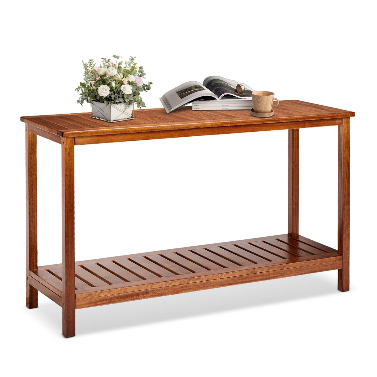 VINGLI 49in Solid Wood Outdoor Console Table, 2-Shelf Wooden Outdoor Accent Plant Table Multifunctional Buffet Bar Storage Organizer for Indoor Patio Porch and Entryway (Natural) VINGLI