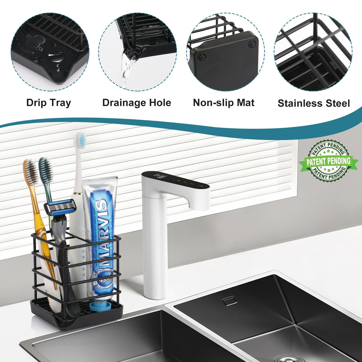 Toothbrush Holders for Bathrooms, Stainless Steel Bathroom Toothbrush Holder Kids Electric Tooth Brushing Holder Stand and Toothpaste Holder for Bathroom Accessories Organizer with Tray, Black (Small) Chintu