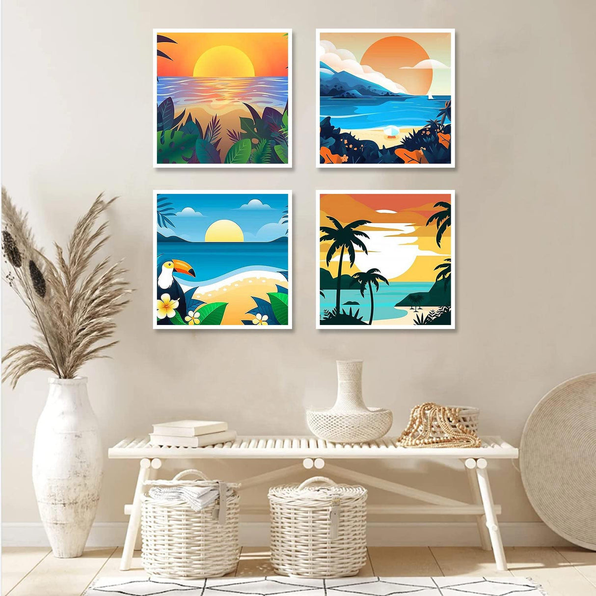 AOSGEDY 4 Pack Paint by Numbers for Adults and Kids Beginner,Landscape-Beach DIY Acrylic Painting Paint by Numbers Kits on Canvas for Kids Ages 4-8-12 Perfect for Home Wall Decor(8x8in) AOSGEDY