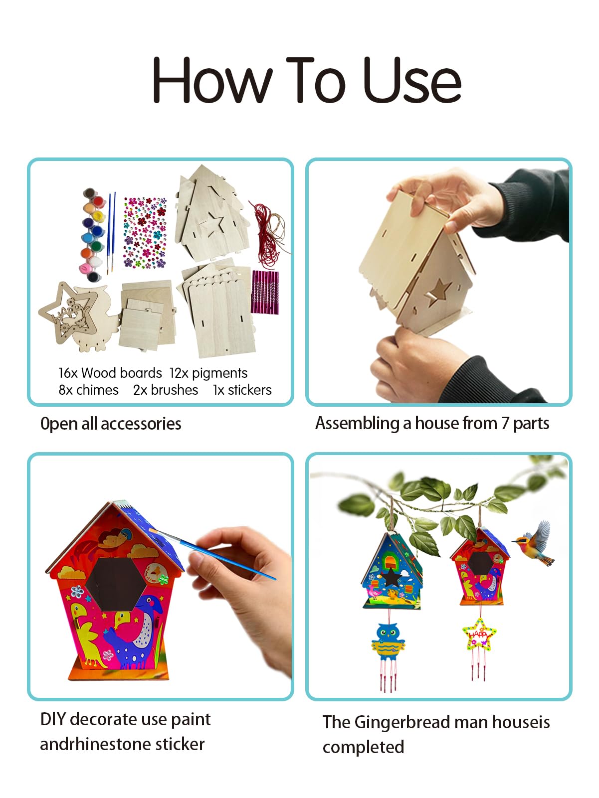 Nsoicrac Bird House Kits for Kids Ages 4-8build a Birdhouse kit for Kids, 4 Pack Birdhouse kit (Includes Paints & Brushes&Jewels and Wind Chimes) Bird House Kits for Kids Ages 8-12,Easter Crafts Nsoicrac