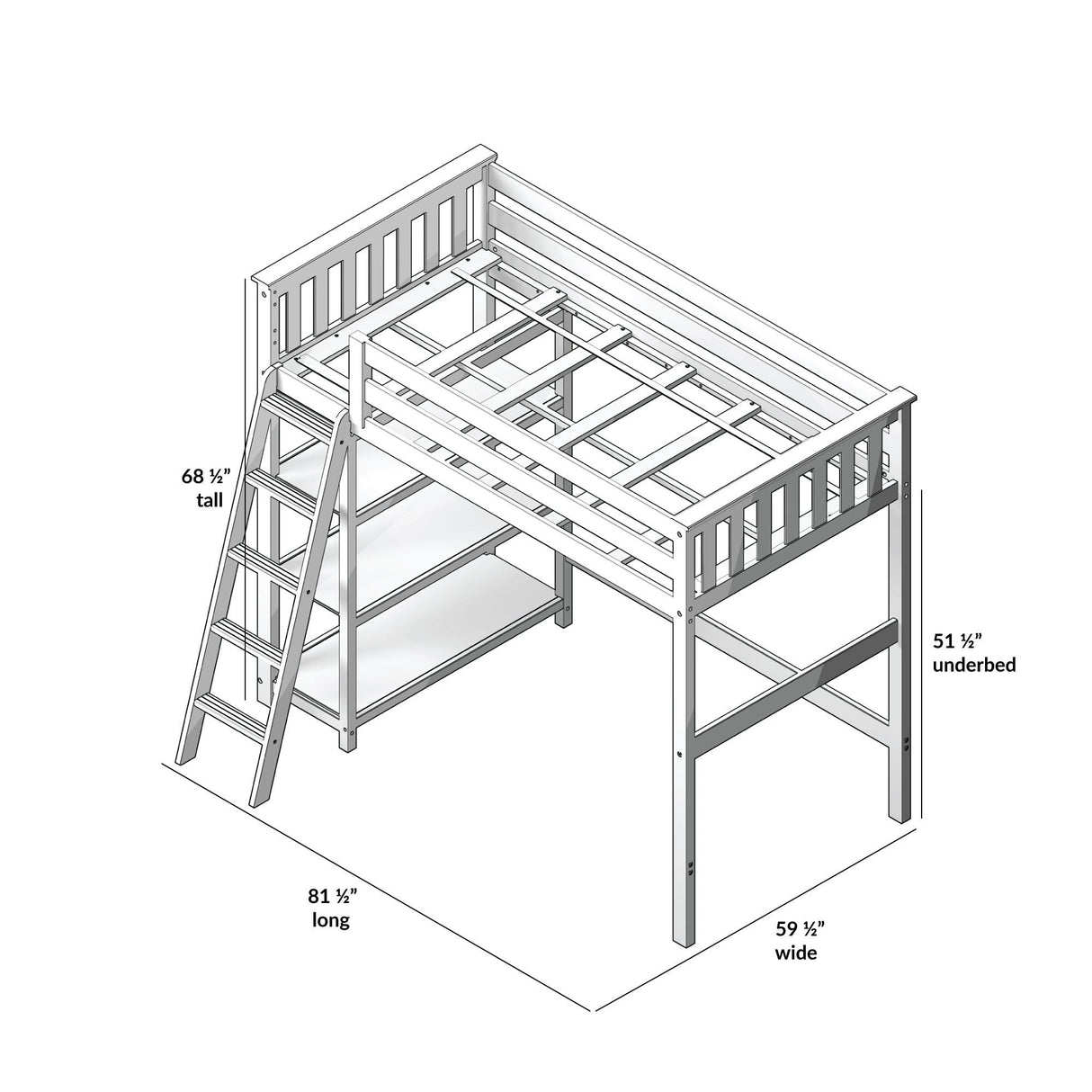 Max & Lily High Loft Bed, Twin Bed Frame For Kids With Bookcase, Clay Max & Lily