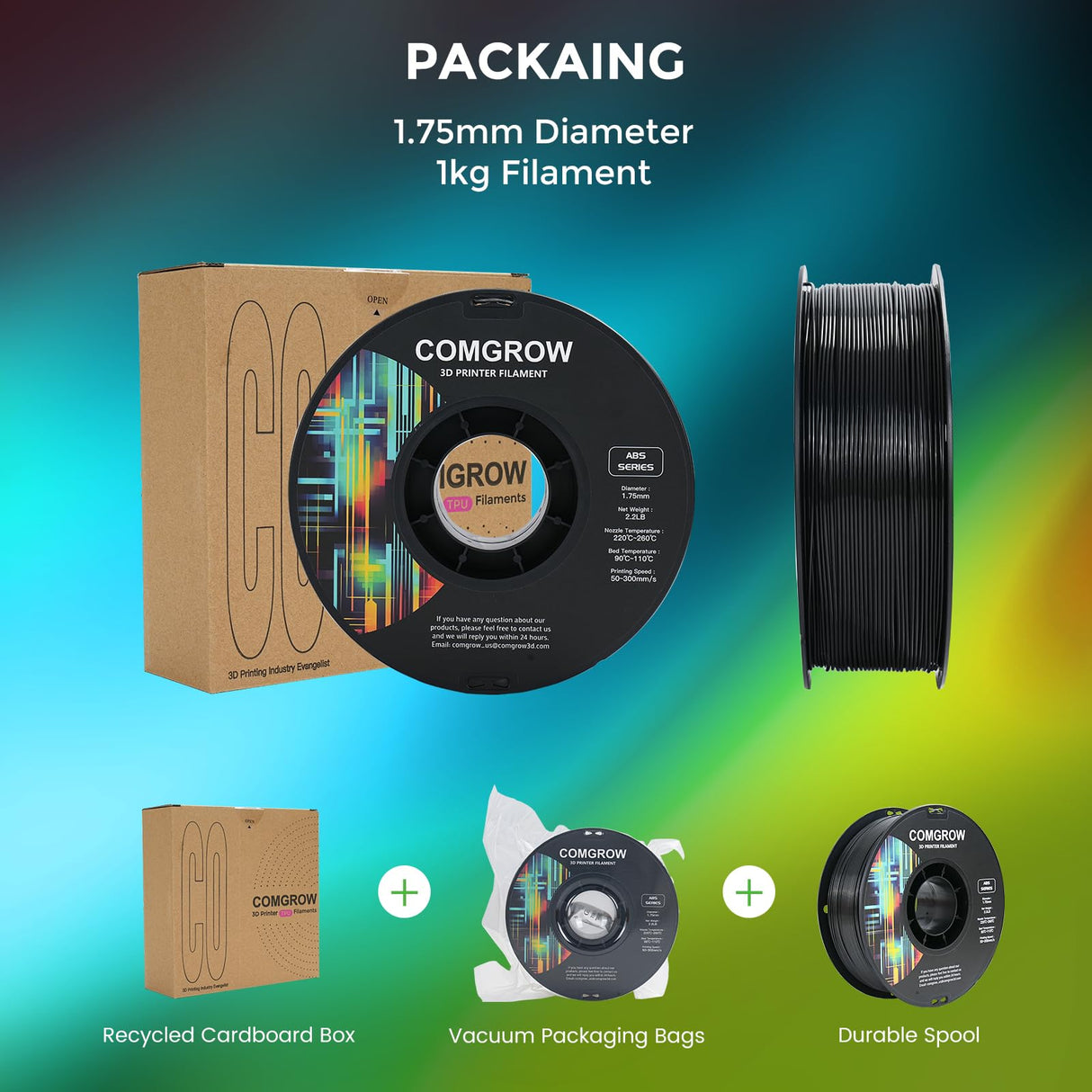 Comgrow ABS Filament 1.75mm, ABS 3D Printer Filament 1.75mm Heat Resistant 1kg ABS 3D Printing Filament 1.75mm, Strong and Durable, Dimensional Accuracy +/- 0.02mm Black Comgrow