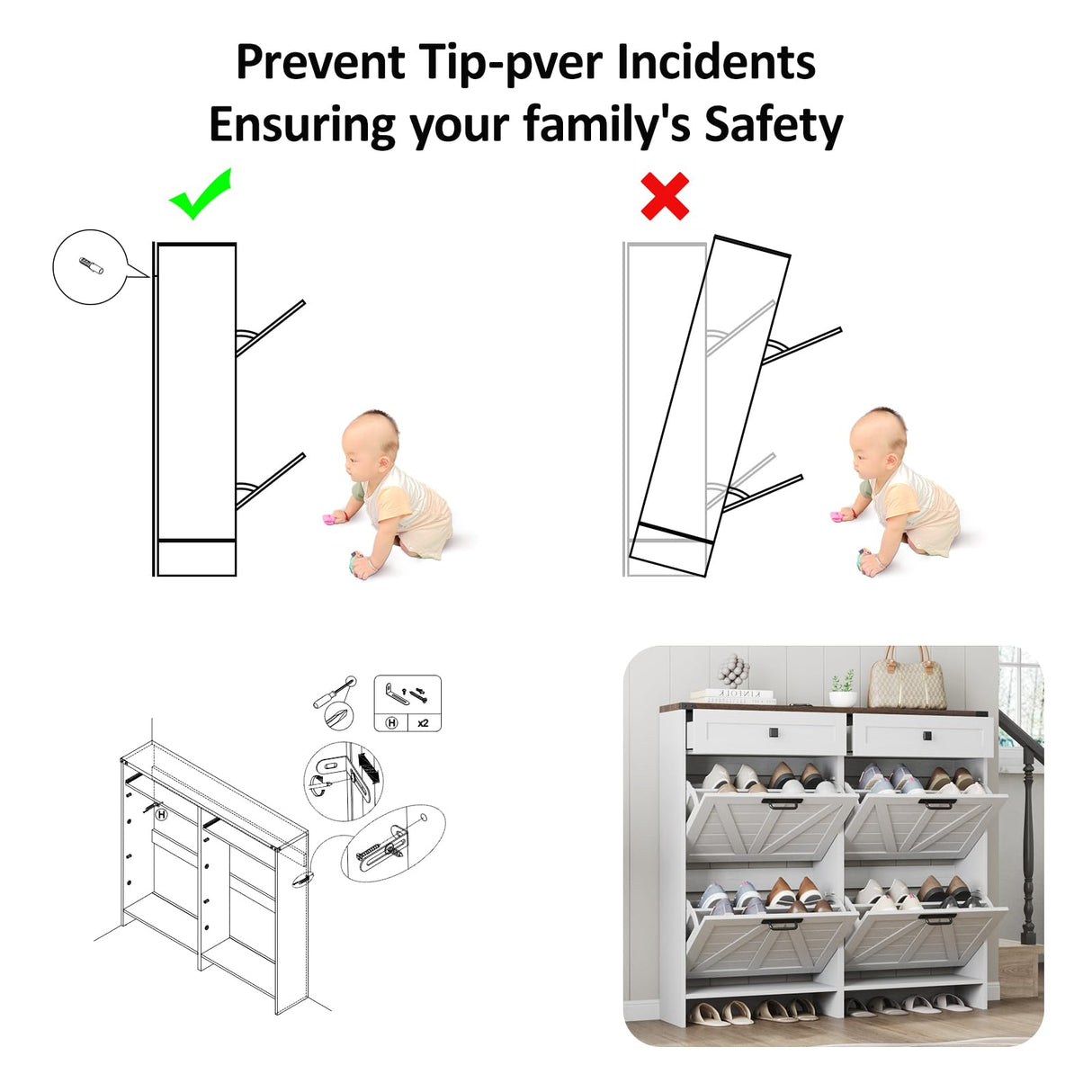 Halitaa Shoe Storage Cabinet with 4 Flip Drawers & 2 Drawers,Shoe Cabinet Storage with Legs for Entryway,Freestanding Shoes Organizer Cabinet,Farmhouse Shoe Rack Cabinet,White Halitaa