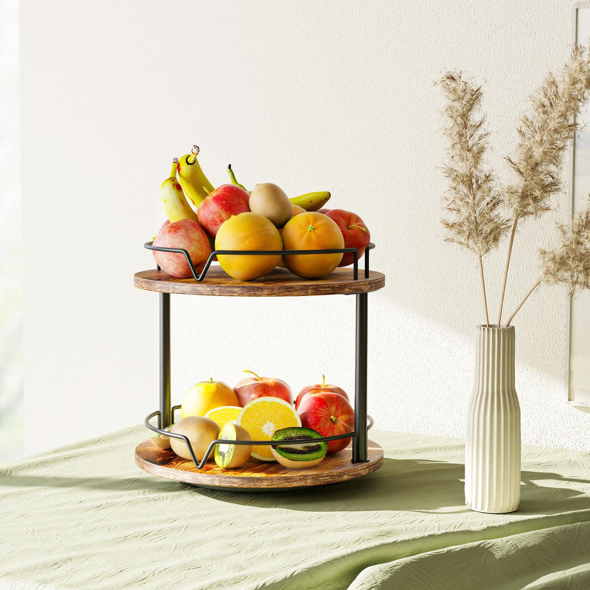 KLM 12" Wood Lazy Susan, Rotating Spice Rack, 2 Tier Spice Turntable Organizer, Industrial Turntable Spice Holder, for Kitchen Countertop and Cabinet, Compact and Versatile, Rustic Brown KLM