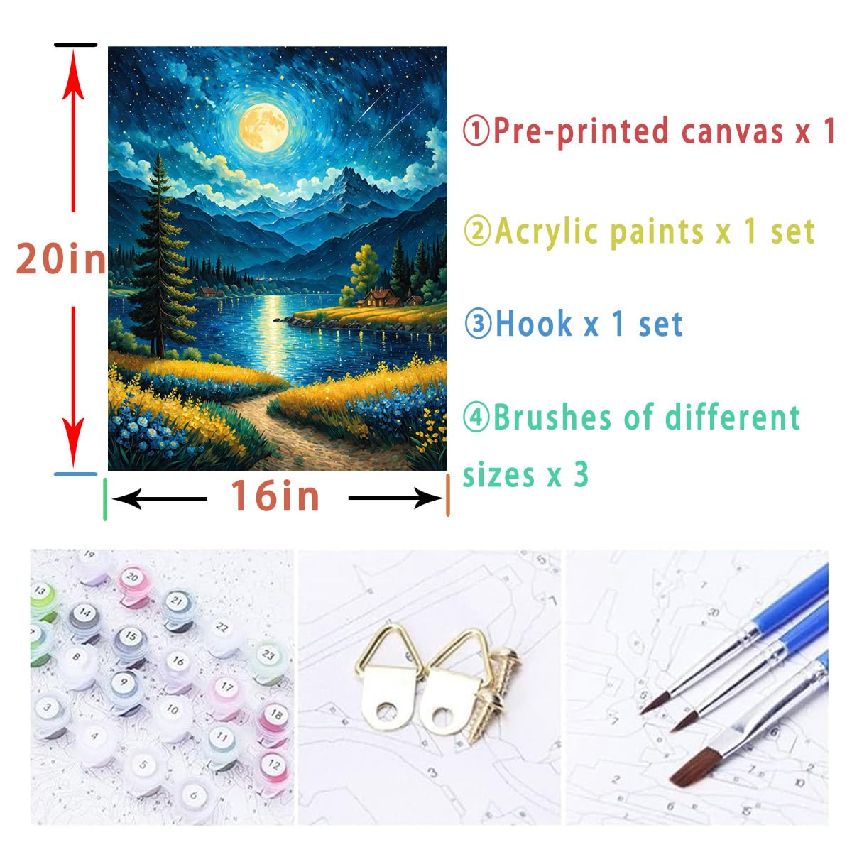 Moon Paint by Numbers Kit for Adults Beginner Forest Adult Paint by Number Kits On Canvas Adults Kits DIY Lake Flowers Oil Painting Kits for Gift Home Wall Decor 16x20 Inch Lovepefe