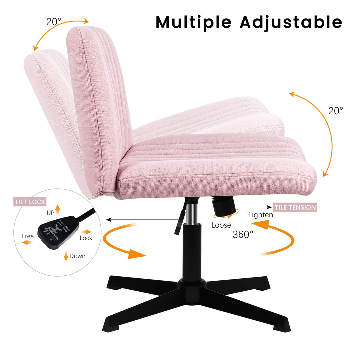 PUKAMI Criss Cross Chair,Armless Cross Legged Office Desk Chair No Wheels,Fabric Padded Modern Swivel Height Adjustable Mid Back Wide Seat Computer Task Vanity Chair for Home Office(Pink) PUKAMI