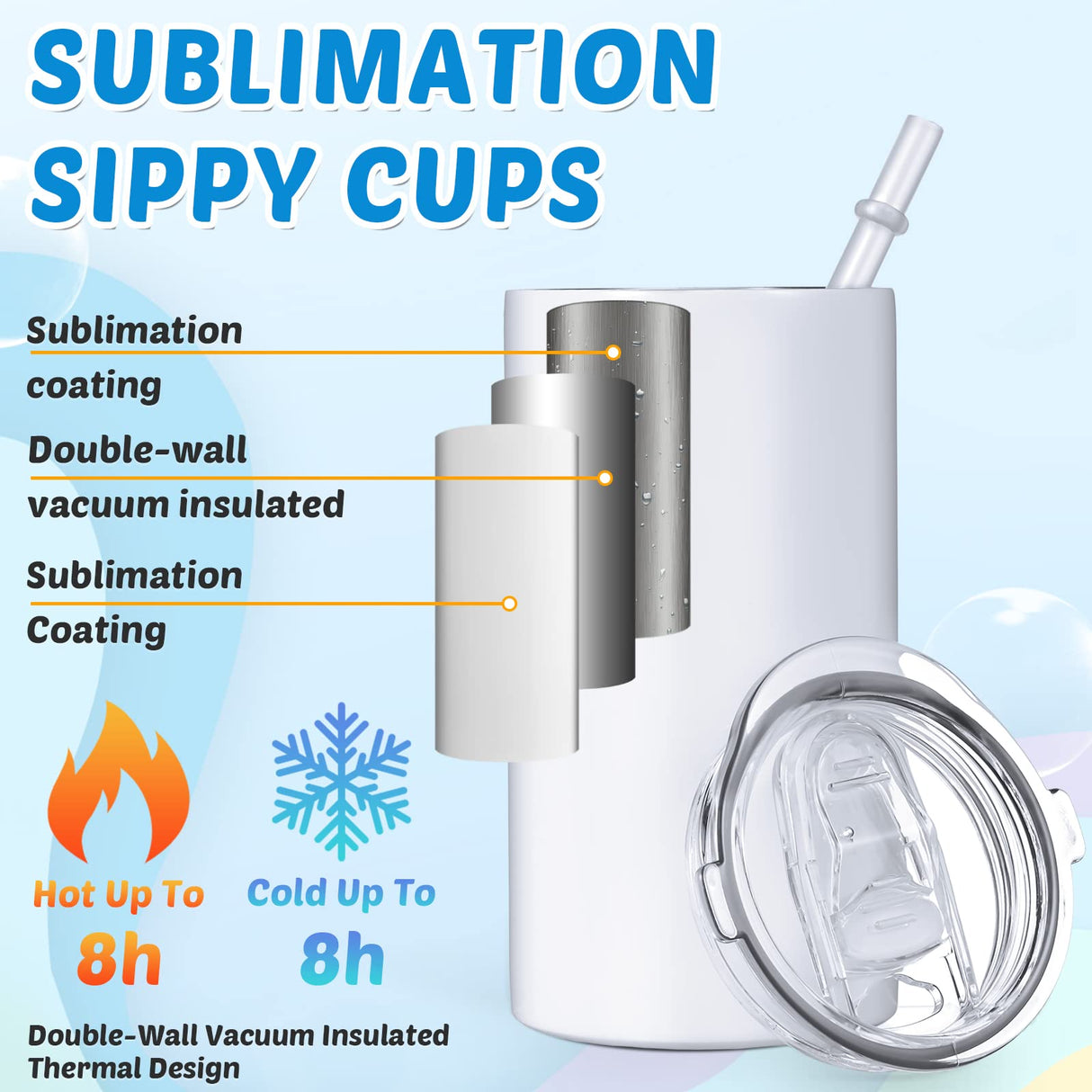 12 Sets 12 oz Sublimation Blanks Sippy Cups for Toddlers Insulated Stainless Steel Kids Sublimation Tumbler Cups with Lids and Straws, 2 Heat Tape, 12 Polymer Sublimation Coating, Coaster, Brush Zubebe