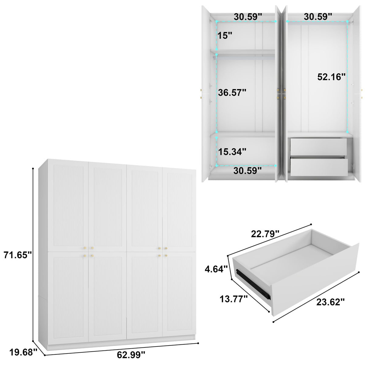 LABROSKIA White Wardrobe Closet with Grooved 4 Doors, Bedroom Armoire with Shelves, Wooden Wardrobe Closet Cabinet for Hanging Rod Clothes, Wardrobe Storage Closet (White) LABROSKIA